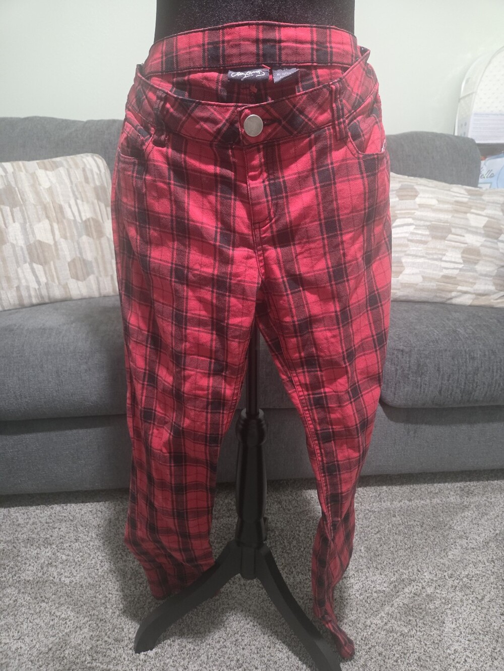 City Streets Red and Black Plaid Button-Front Pants